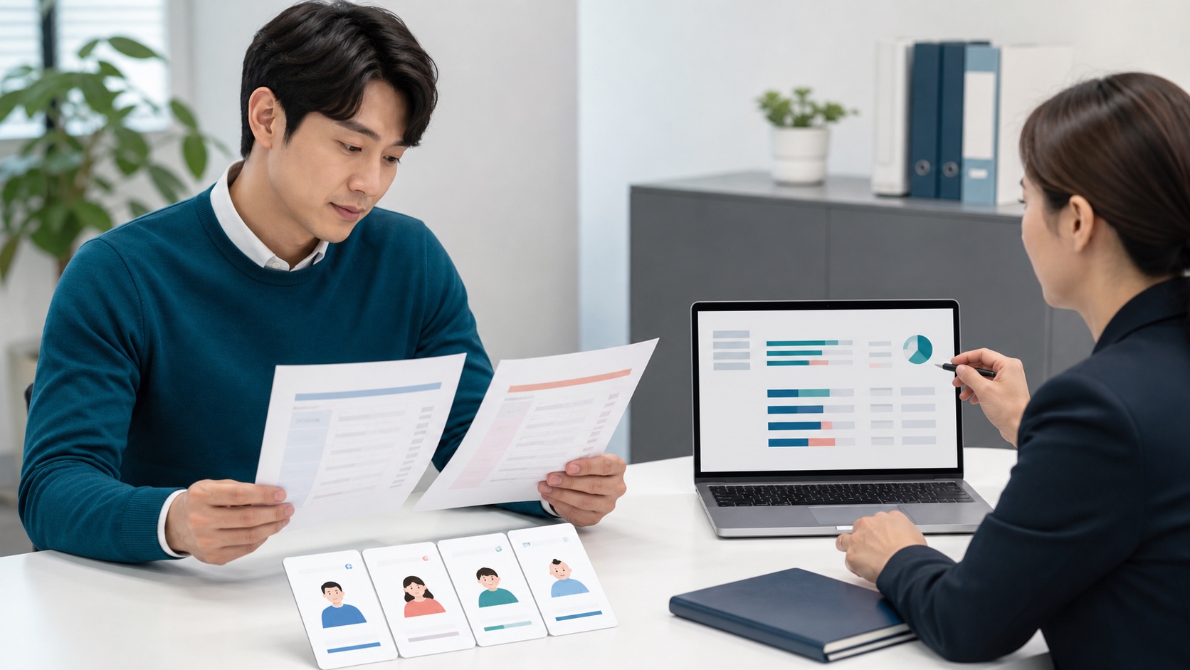 직장인이 기본급과 성과급이 나뉜 급여명세서의 공제 항목을 확인하는 모습