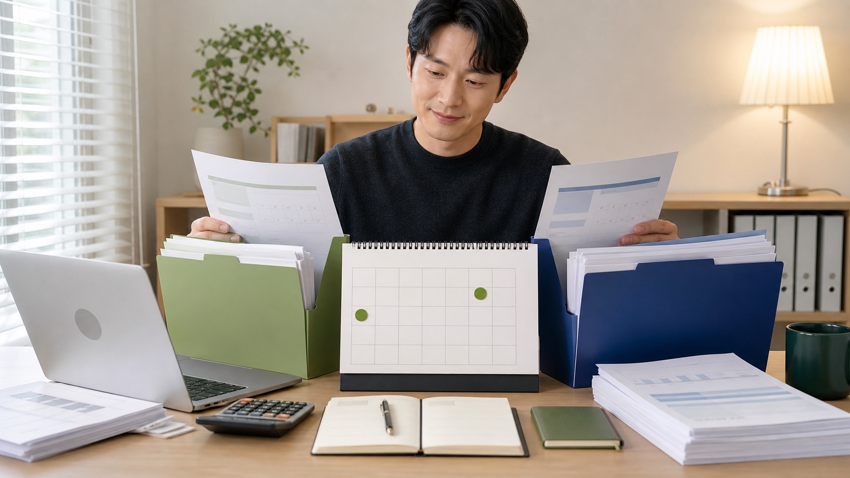 직장인이 연말정산과 건강보험 보수총액 정산 일정을 한 해 달력에서 확인하는 모습