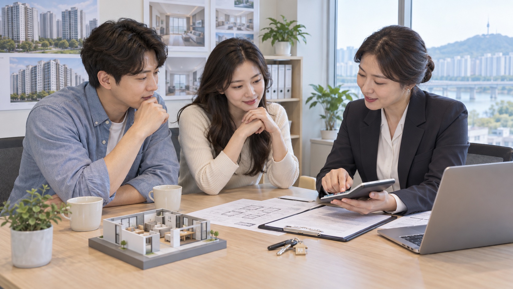 부동산 사무실에서 임차인 부부와 중개사가 계산기로 중개보수를 확인하는 모습