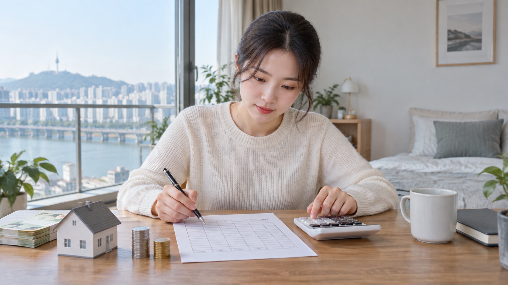 임차인이 보증금과 월세를 나눠 계산기로 확인하는 모습