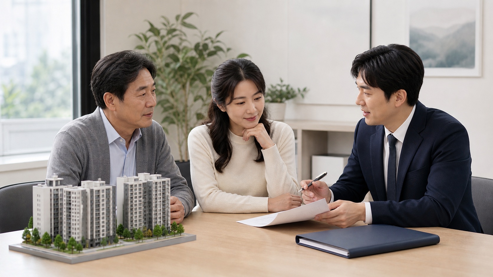 부모와 성인 자녀가 세무전문가와 아파트 담보대출을 포함한 부담부증여 세금을 검토하는 모습