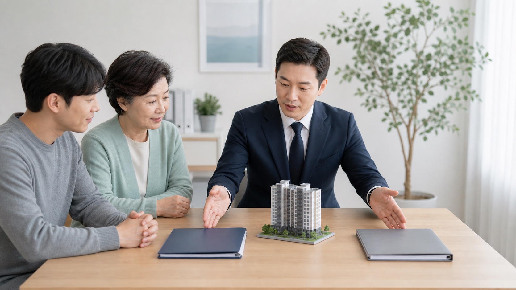 아파트 모형과 담보대출 서류를 두 부분으로 나누어 증여분과 채무분을 설명하는 세무 상담 장면