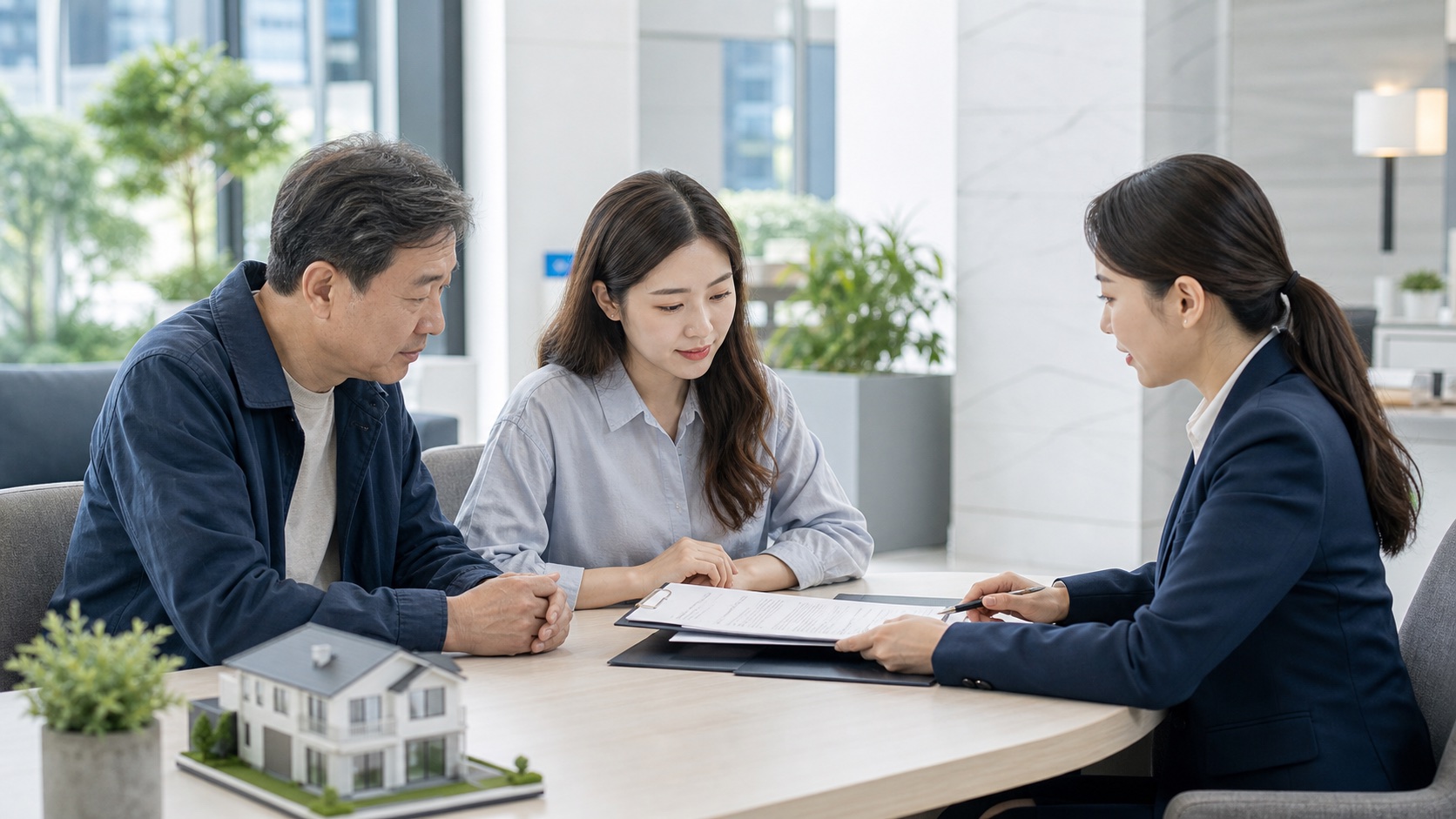 성인 자녀가 은행 담당자와 담보대출 채무인수 서류와 상환계획을 확인하는 모습