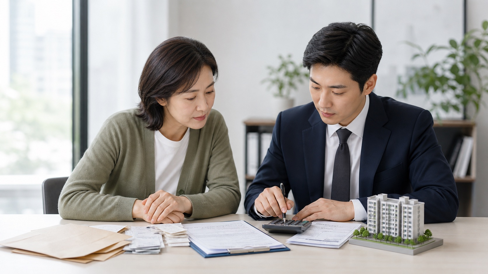 부모가 세무전문가와 오래된 아파트 매매계약서와 담보채무 자료를 놓고 양도차익을 계산하는 모습