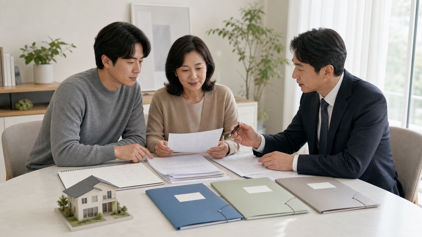 가족이 증여계약서와 대출 서류 및 세금 신고 달력을 순서대로 정리하는 모습
