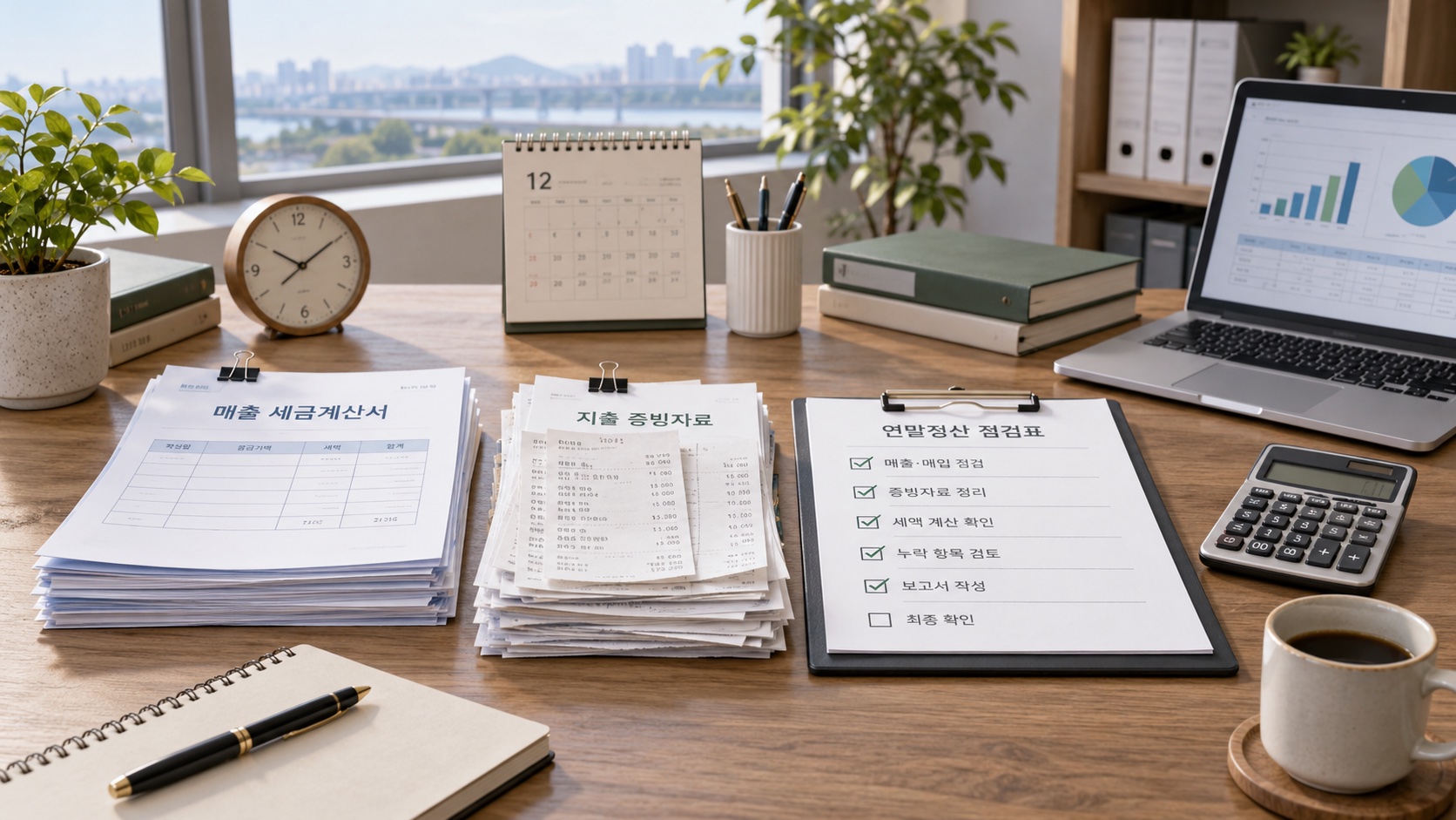매출 송장과 지출 영수증을 나누어 정리한 책상