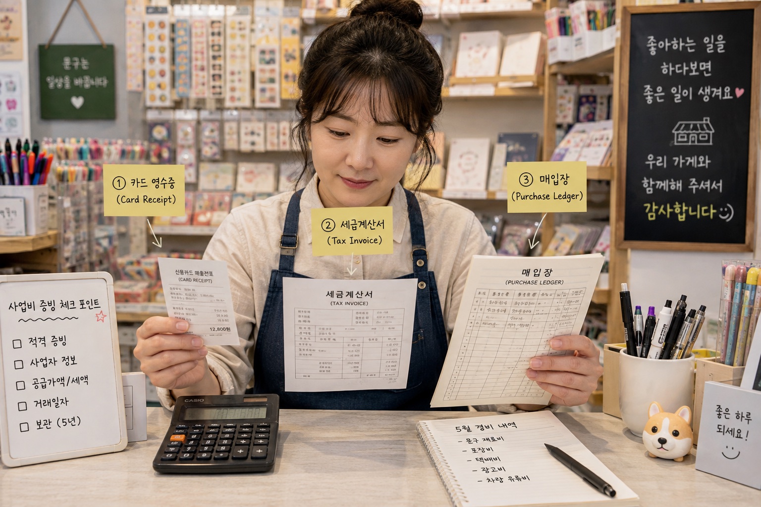 가게 운영자가 카드전표와 세금계산서를 장부와 비교하는 모습