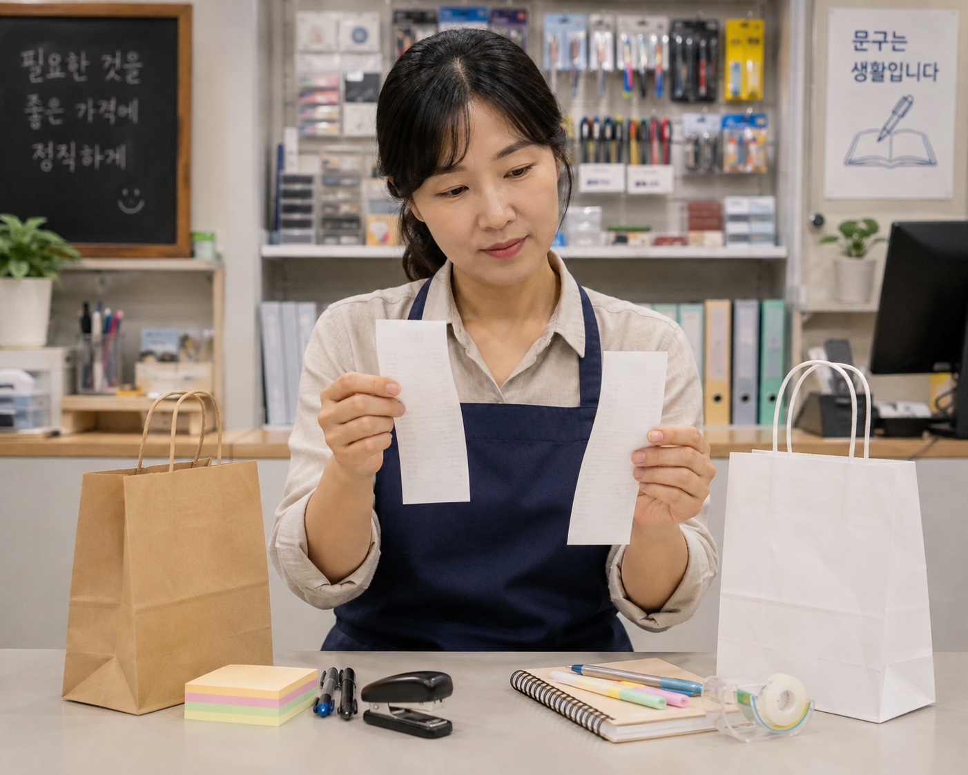 가게 운영자가 사무용품 구매 영수증 두 장의 금액을 비교하는 모습