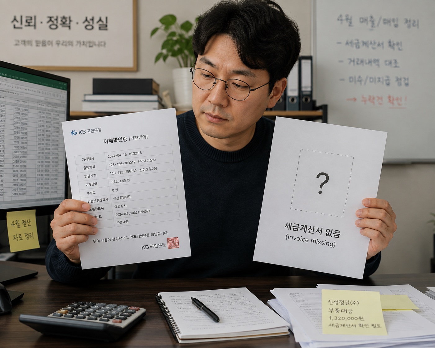 사업자와 세무 담당자가 이체내역과 누락된 거래 증빙을 확인하는 모습