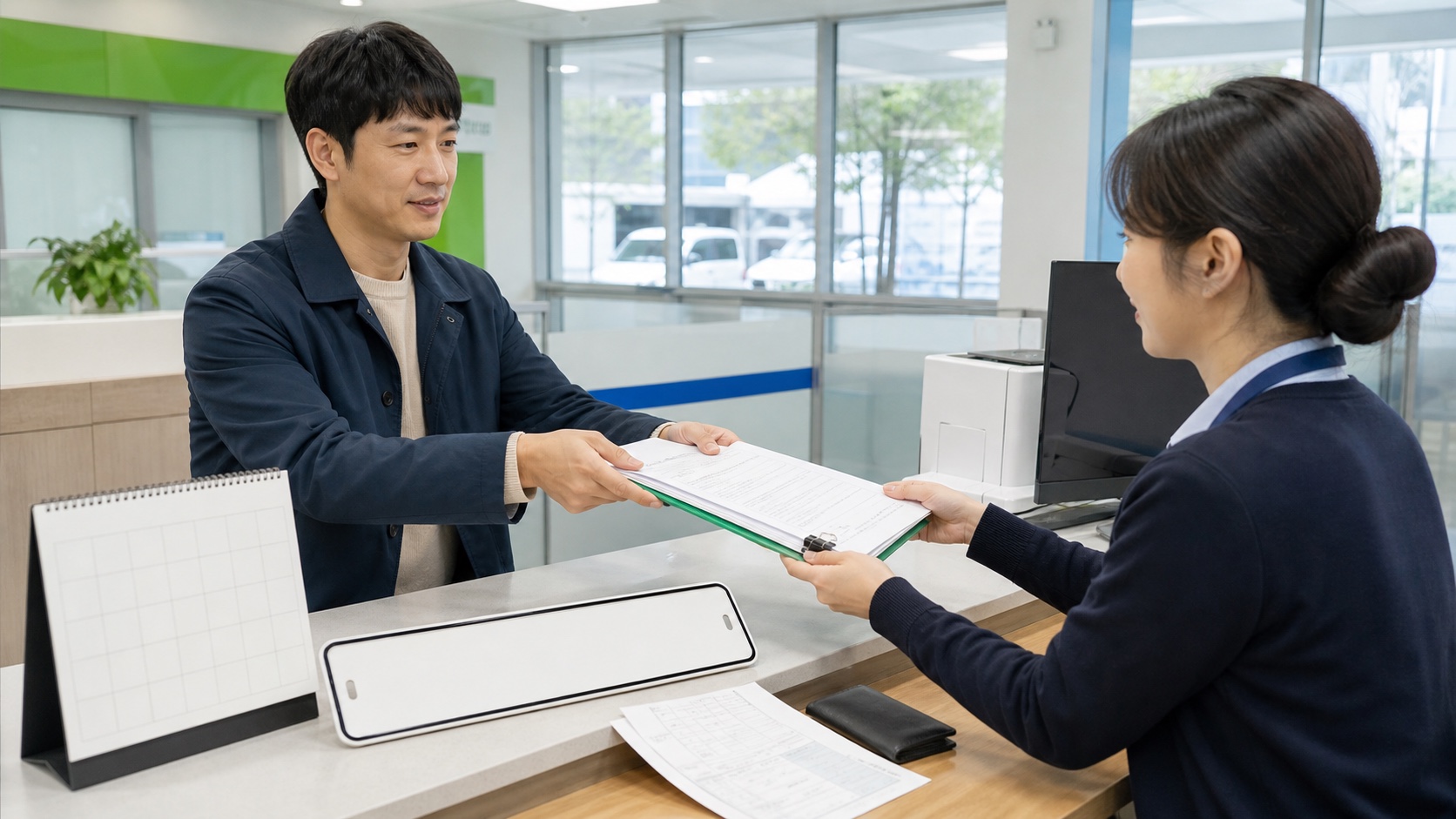 차량 구매자가 등록 창구에서 취득세 납부서와 감면 신청 서류를 제출하는 모습