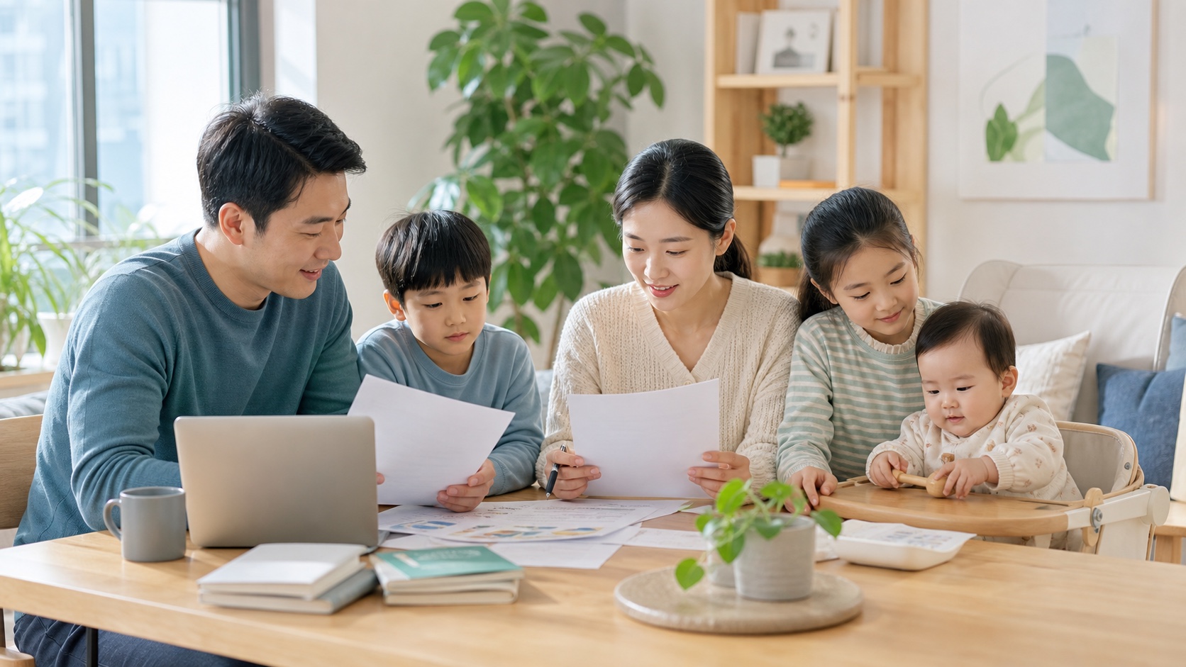 부모가 자녀들의 가족관계 서류와 연말정산 자녀세액공제 금액을 확인하는 모습
