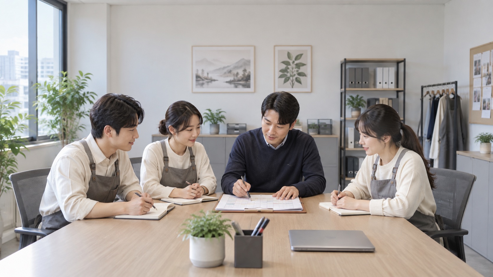 매장 직원들이 관리자와 각자의 근무 일정을 비교하는 모습