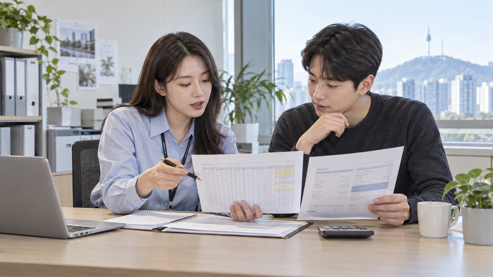 급여 담당자와 직원이 출퇴근 기록과 급여명세서를 함께 확인하는 모습