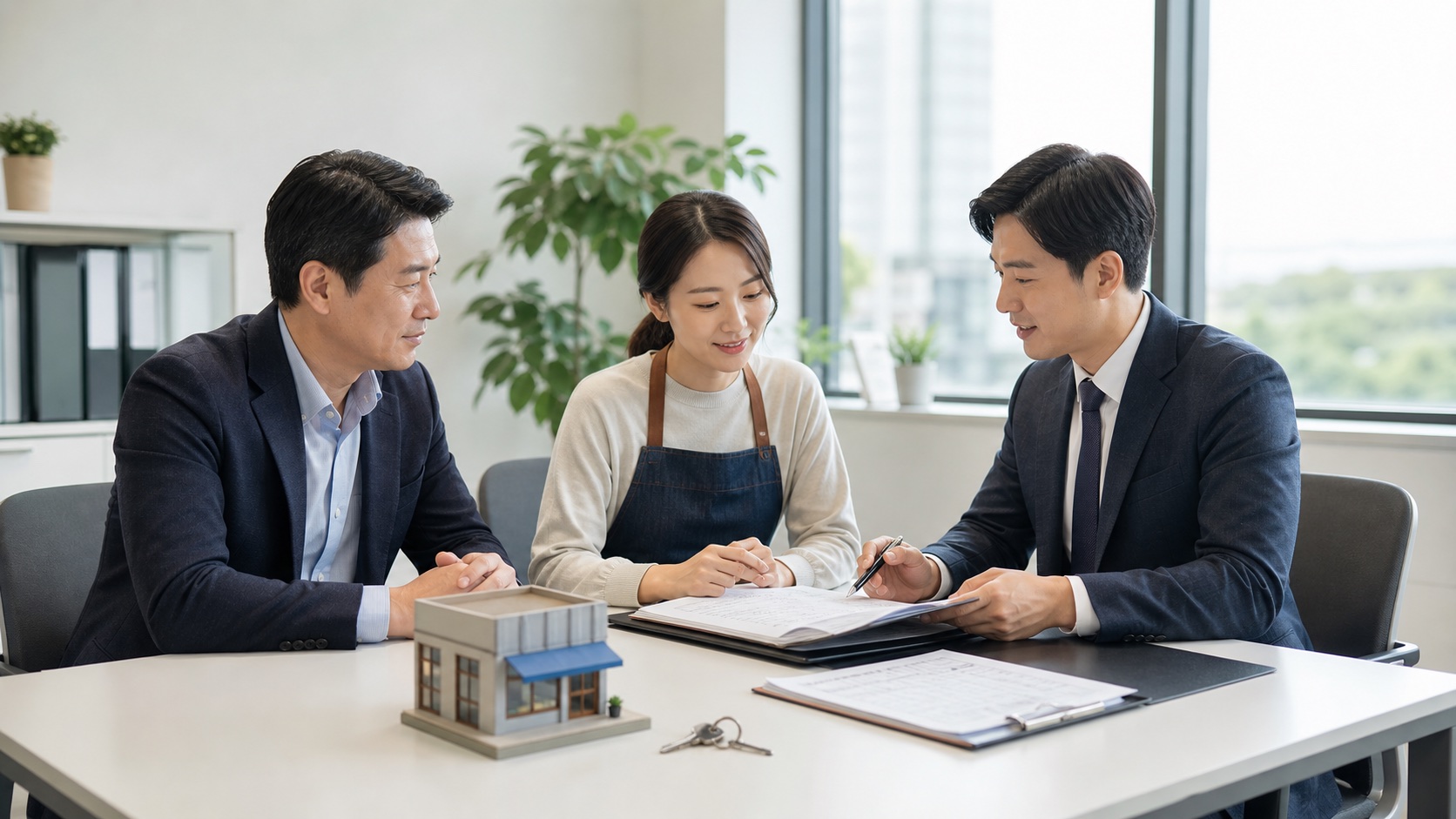 상가 임대인과 세무전문가가 임대차계약서와 월세 및 보증금 부가세 자료를 확인하는 모습