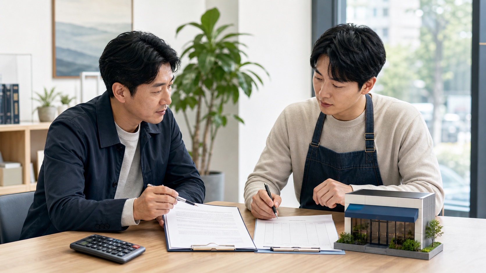 상가 임대인과 임차인이 점포 모형 옆에서 월세와 부가세가 구분된 임대차계약을 확인하는 모습