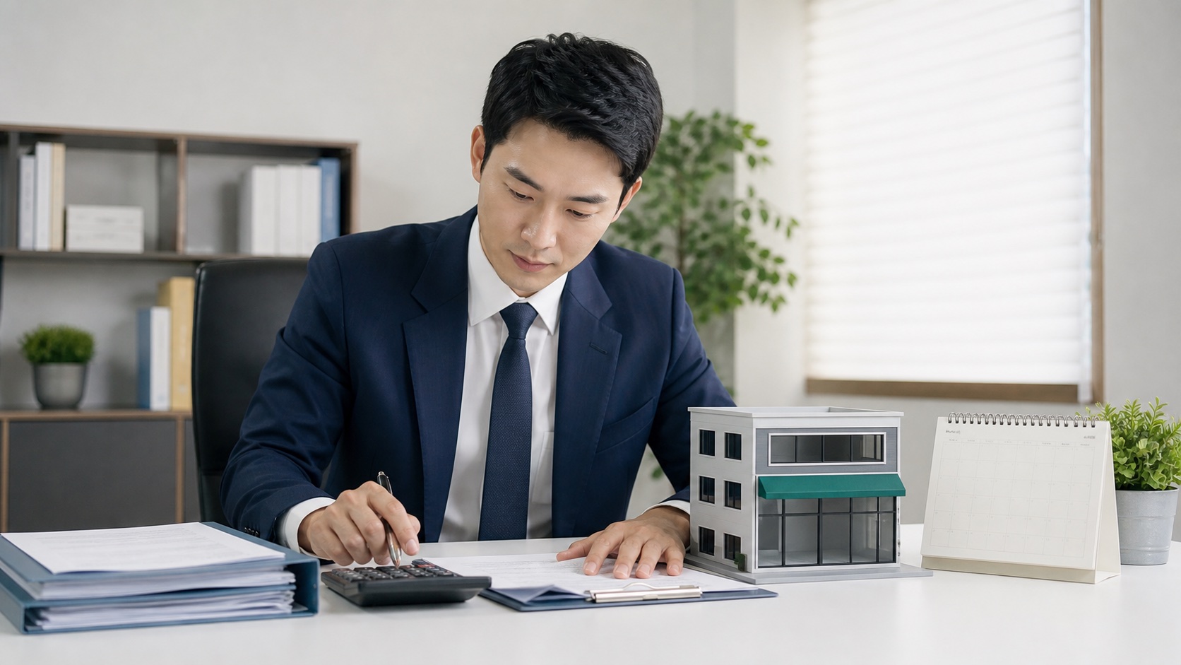 세무전문가가 상가 보증금 계약서와 계산기 및 임대기간 달력을 놓고 간주임대료를 계산하는 모습