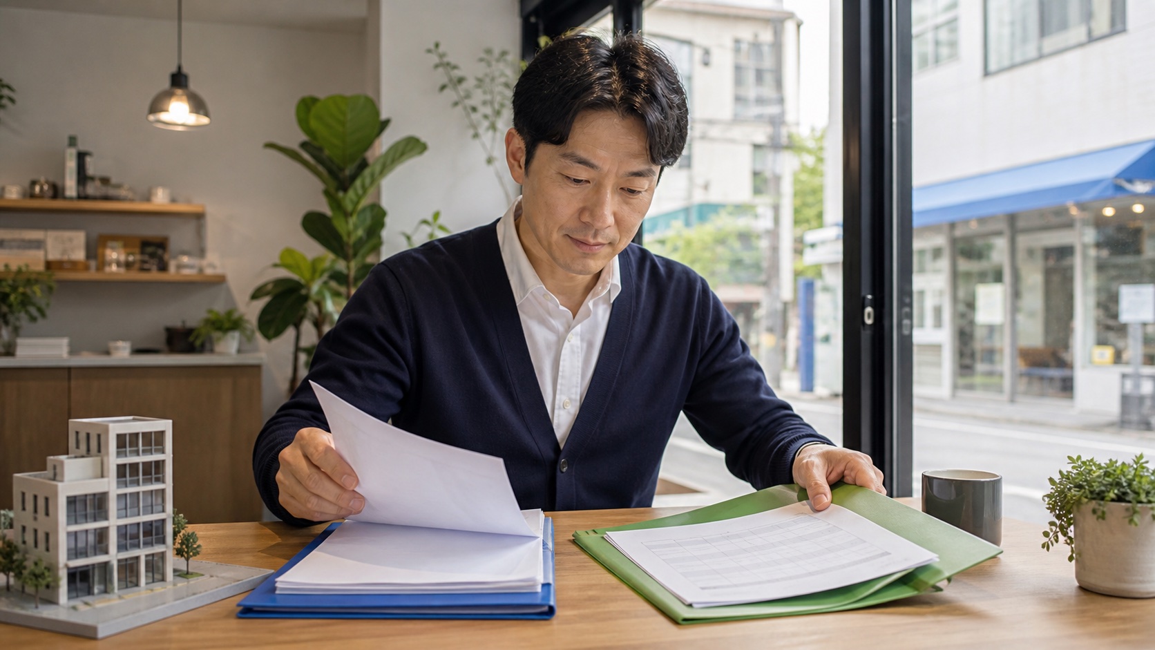 상가 임대인이 월별 세금계산서와 임대보증금 계산자료를 서로 다른 서류철에 정리하는 모습