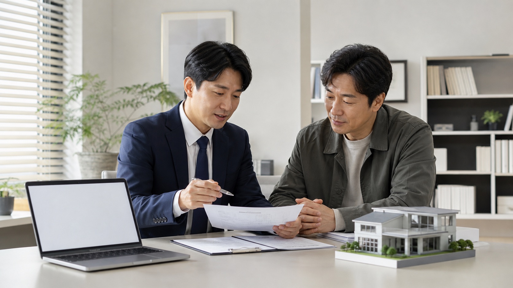 세무전문가와 상가 임대인이 부동산임대공급가액명세서와 임대차계약 및 전자신고 화면을 확인하는 모습
