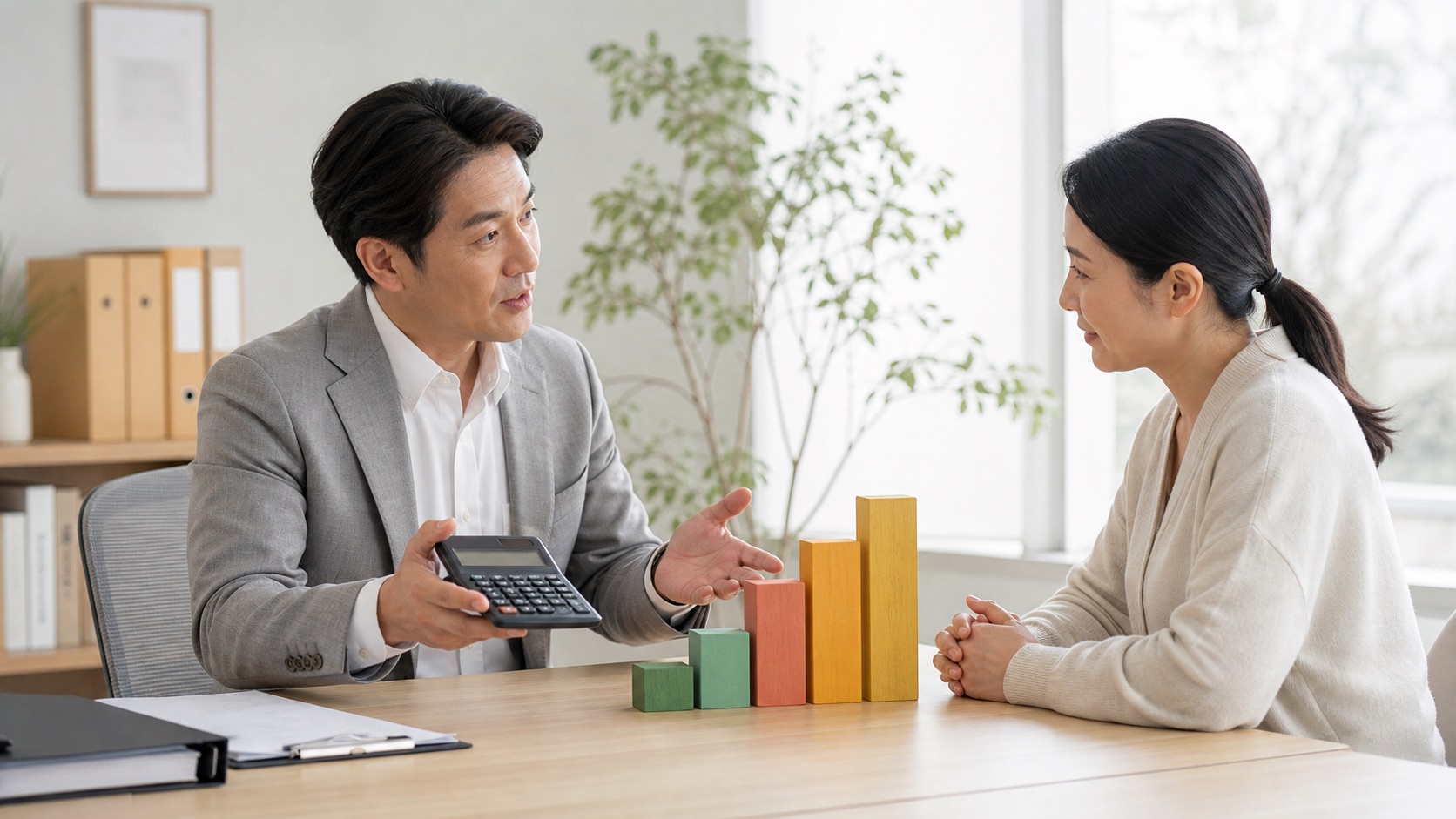 세무전문가가 단계형 블록과 계산기로 누진세율 계산을 설명하는 모습