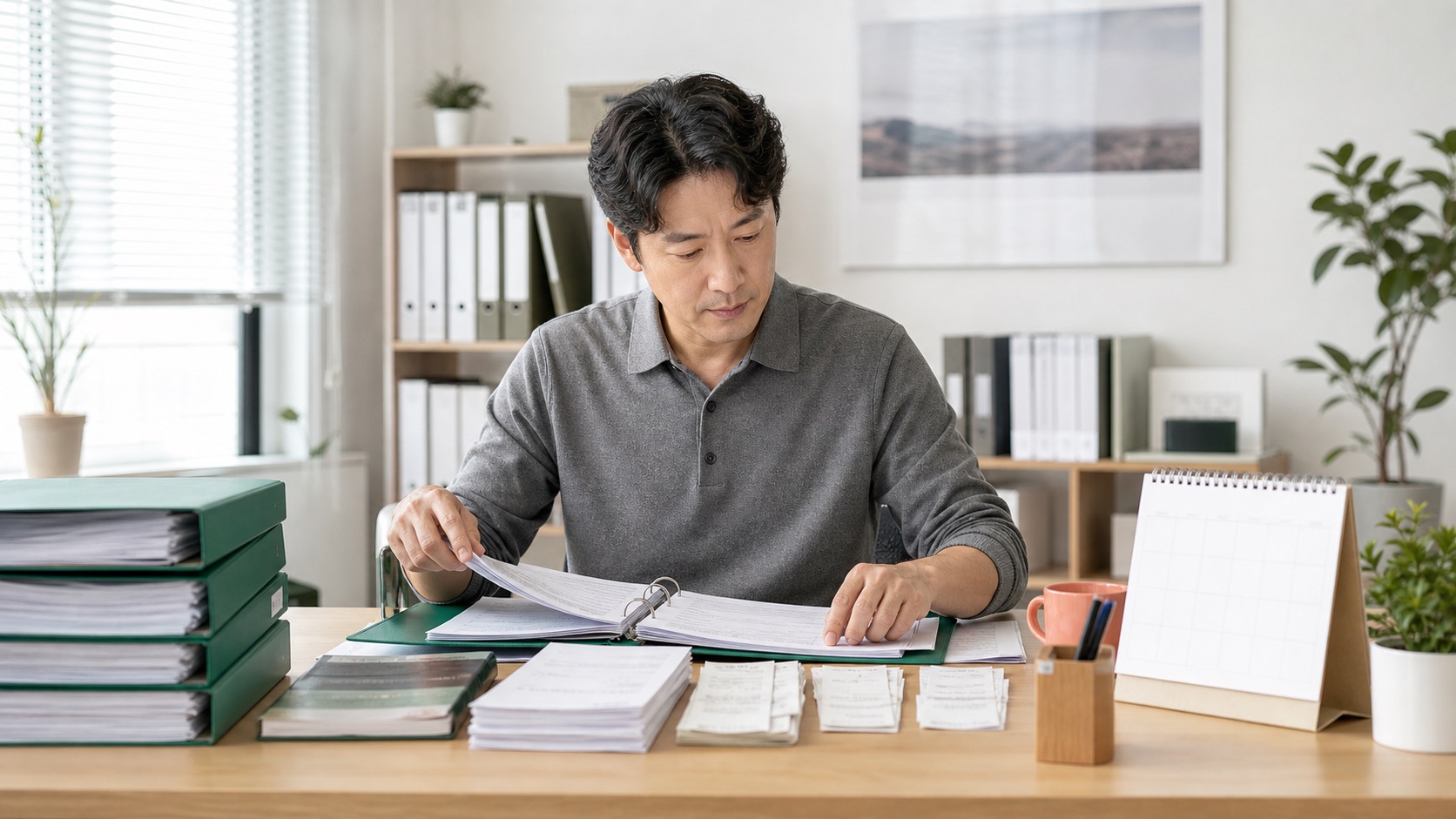 사업자가 연간 장부와 지급명세서 및 세금 납부 자료를 달력 옆에서 정리하는 모습