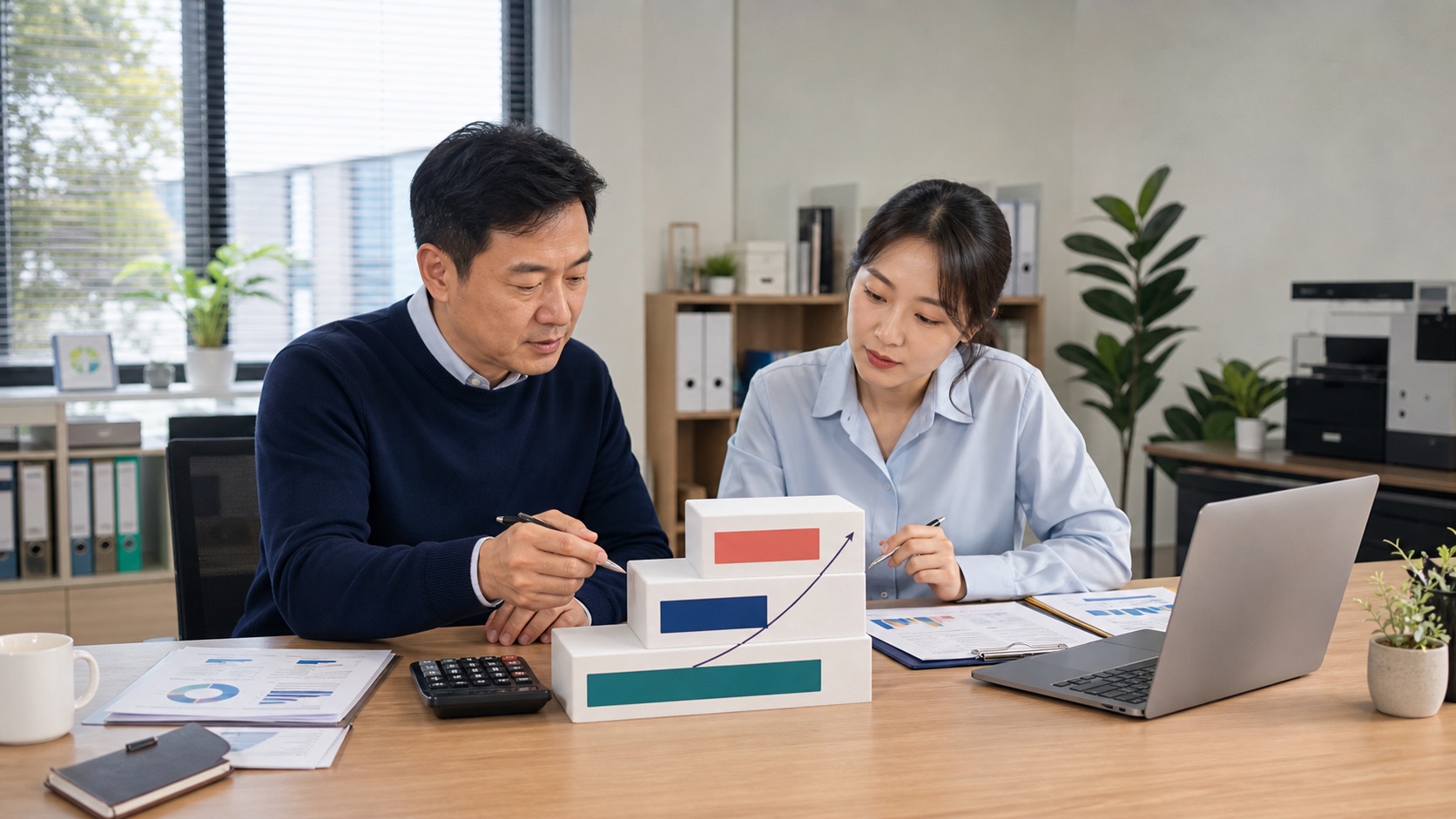 회사 대표와 세무담당자가 세 단계 과세표준 블록으로 3억원 법인세를 계산하는 모습
