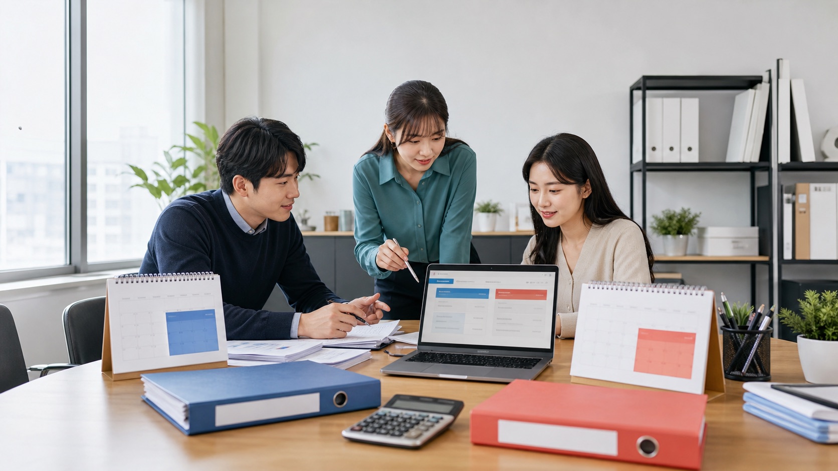 회사 재무팀이 법인세와 법인지방소득세 신고 서류 및 달력을 따로 준비하는 모습