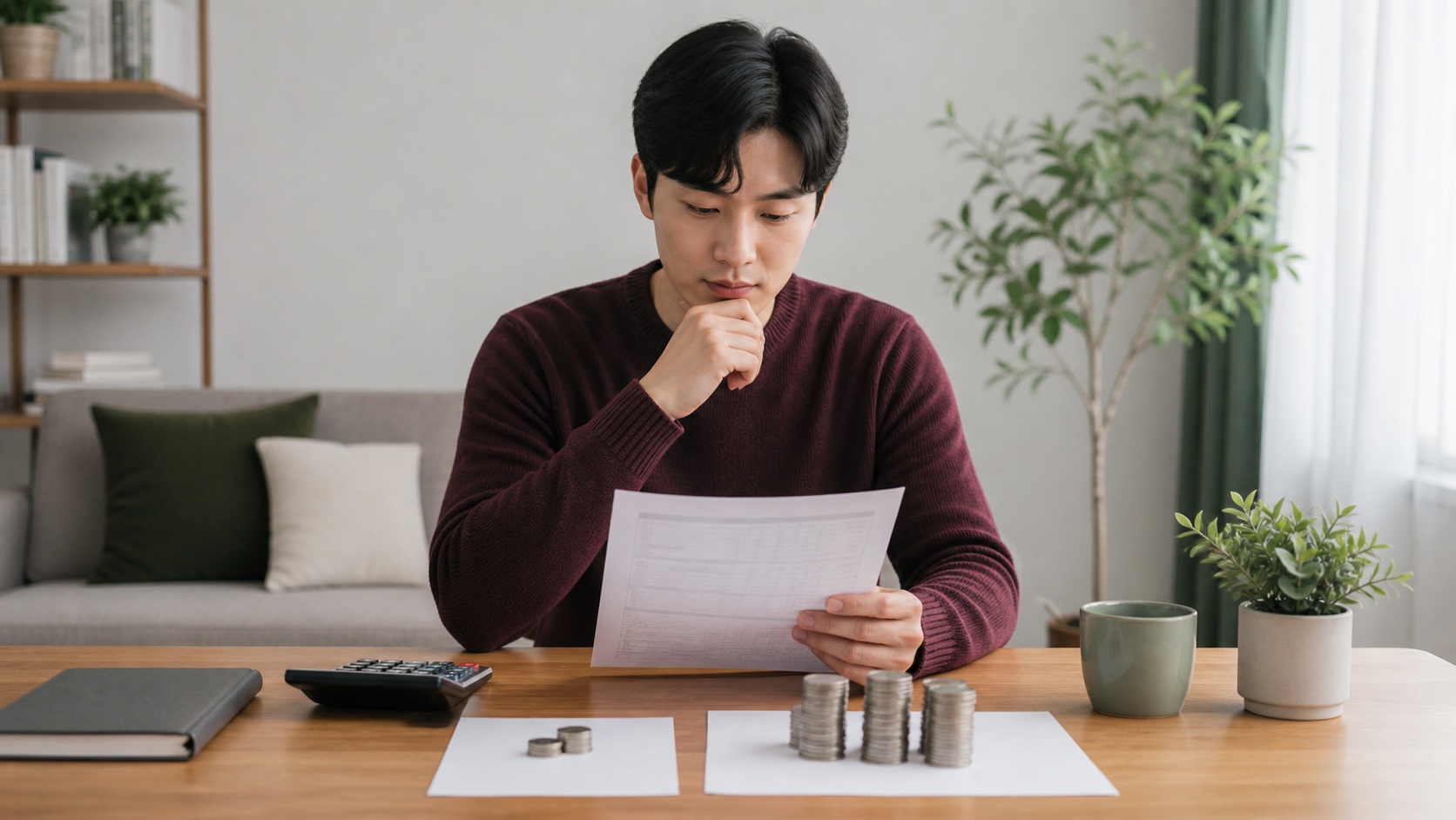 은행 고객이 예금의 세전 이자와 15.4% 원천징수 내역을 확인하는 모습