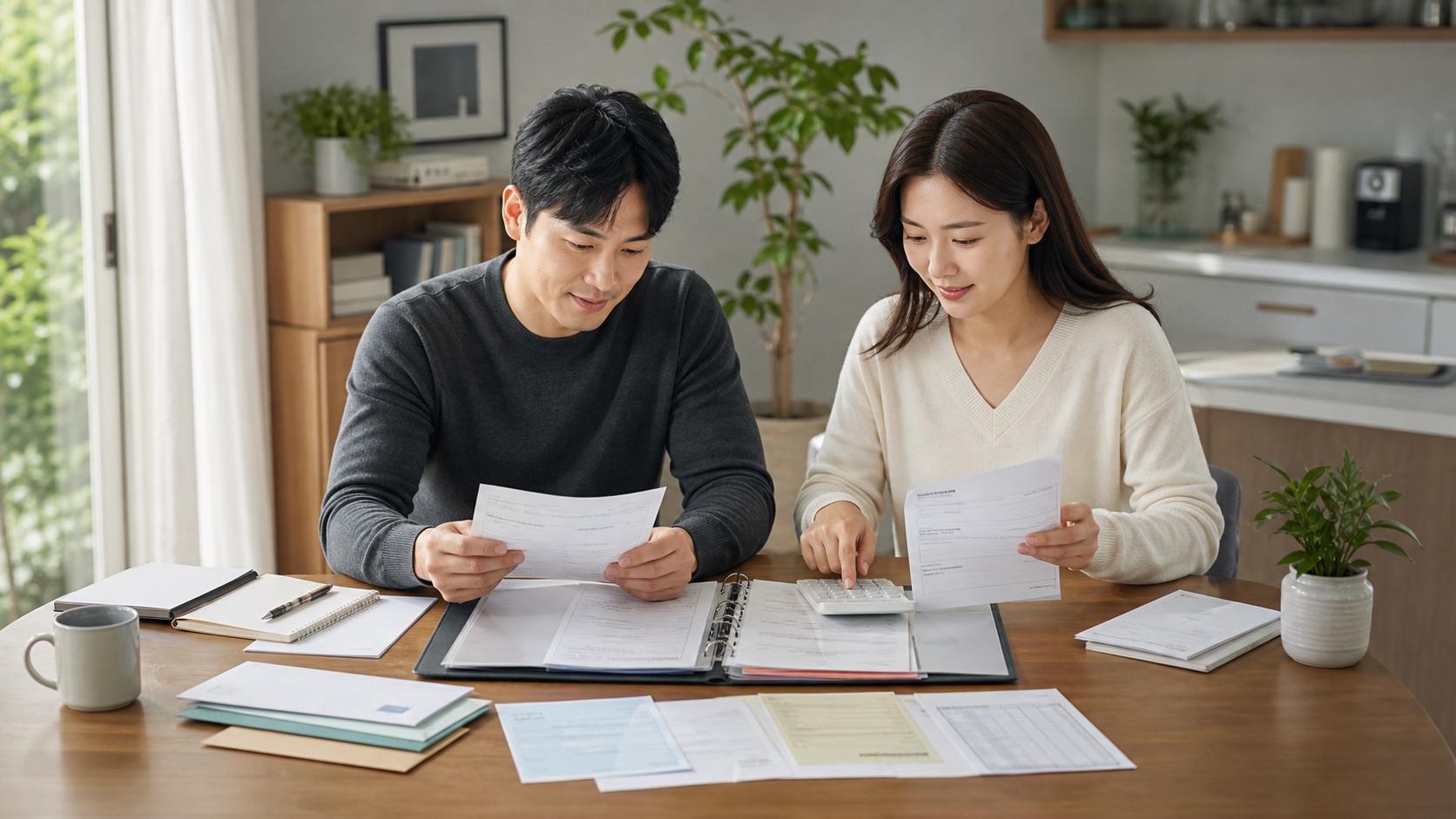 부부가 여러 금융회사의 이자와 배당 자료를 연간 파일로 합산하는 모습