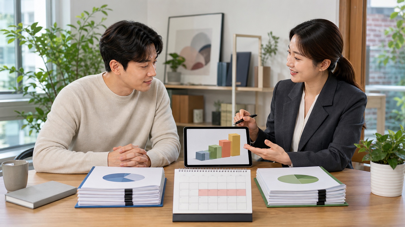 투자자가 세무상담 중 일반 배당과 고배당기업 배당을 두 묶음으로 비교하는 모습