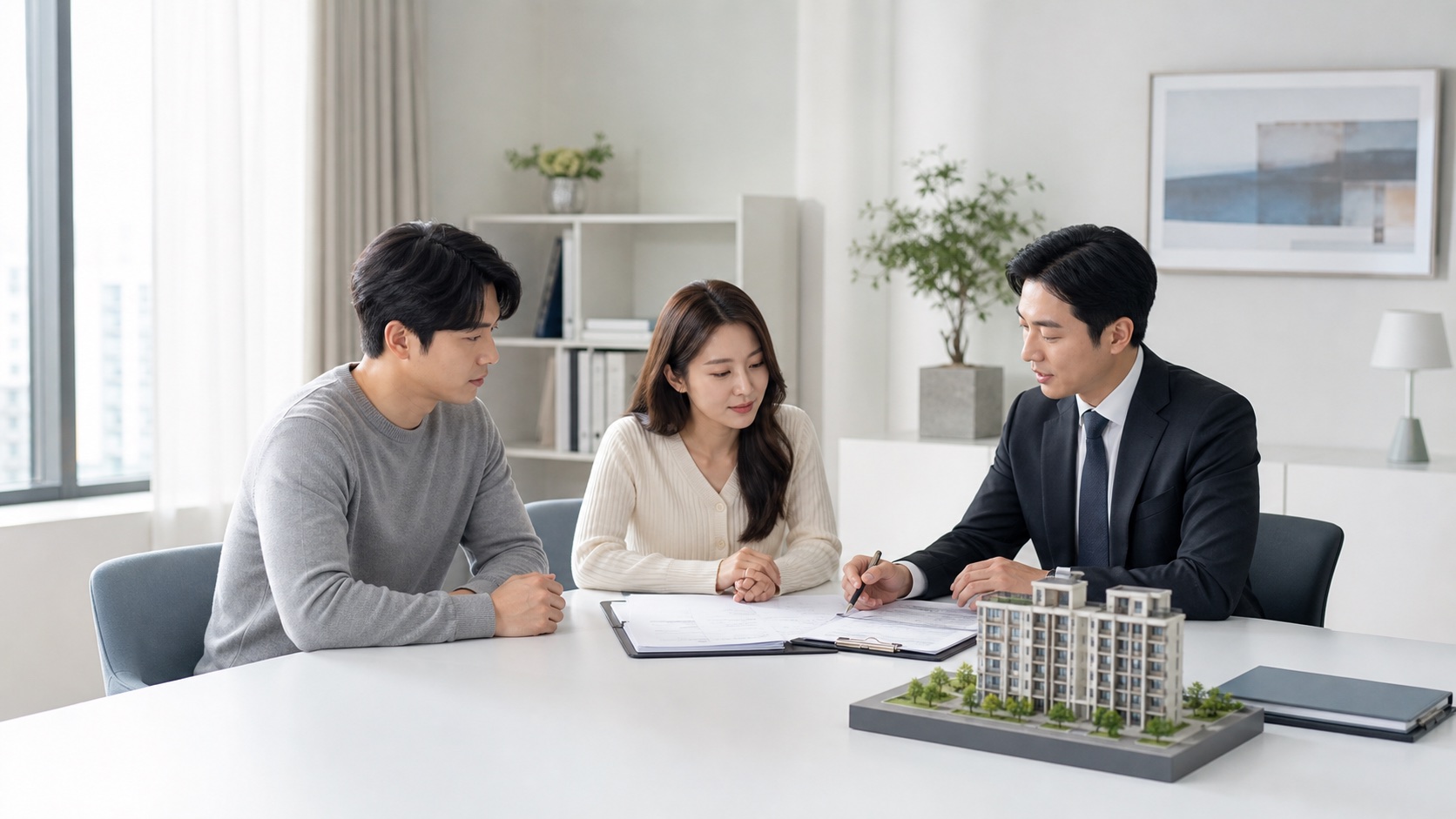 이혼 당사자들이 차분한 분위기에서 전문가와 부동산 재산분할 세금 서류를 확인하는 모습