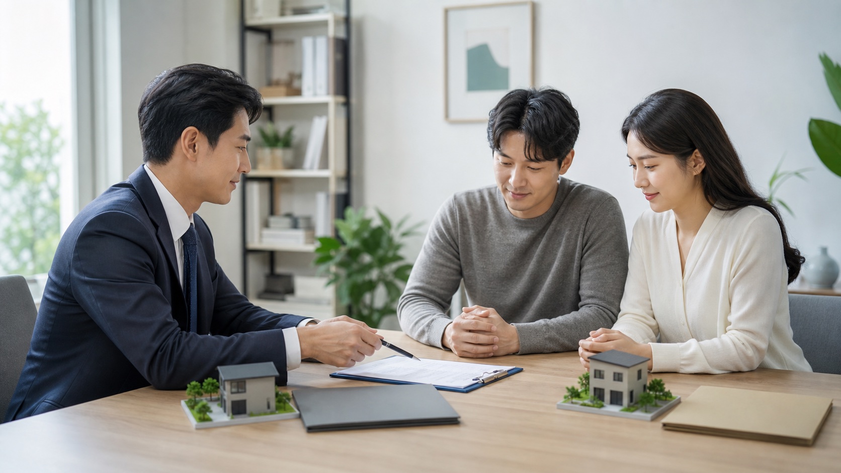 부부가 전문가와 주택 모형 및 재산분할 합의서를 차분하게 검토하는 모습