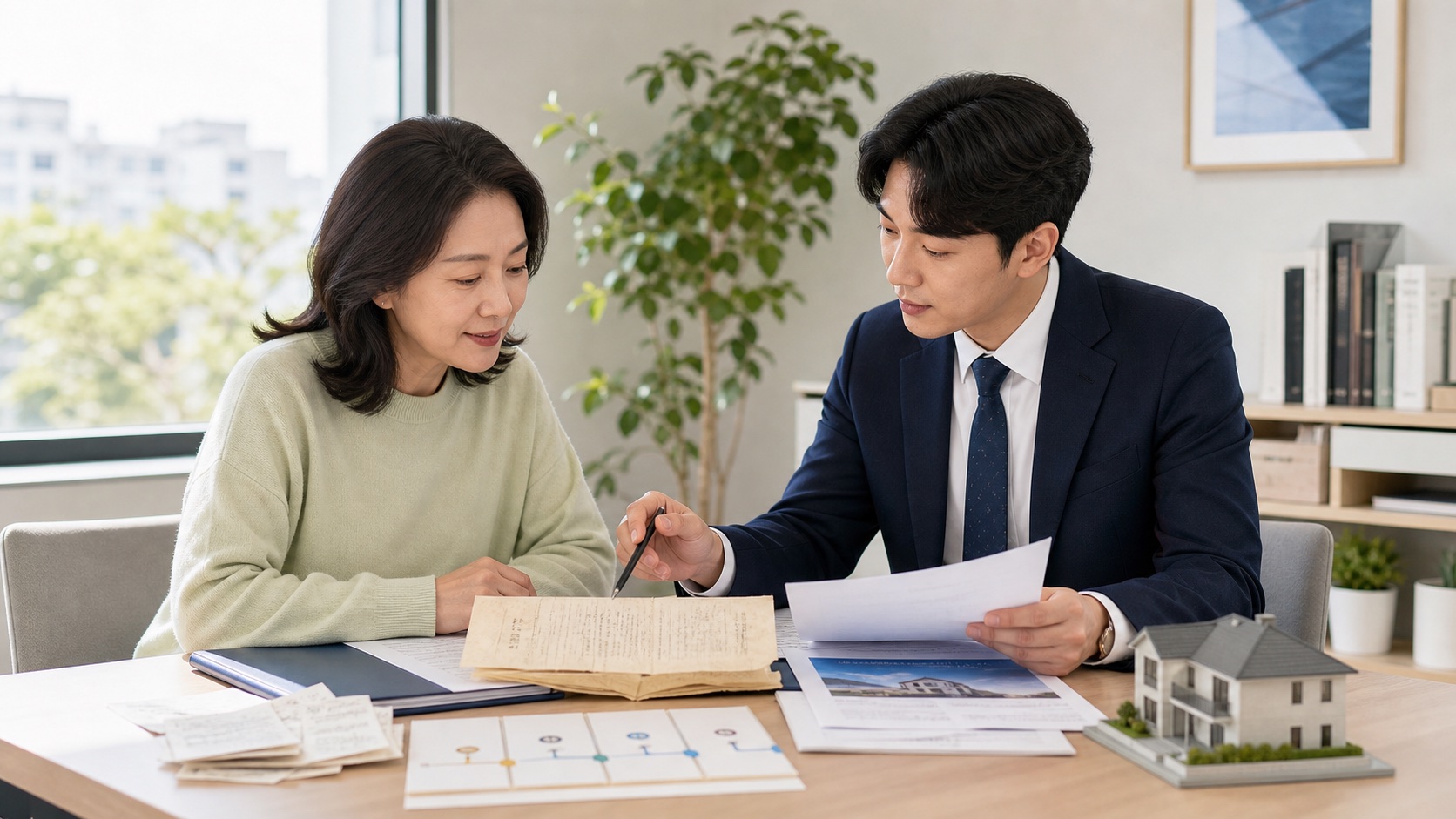 재산분할로 주택을 받은 사람이 오래된 매매계약서와 향후 매각 세금 일정을 전문가와 확인하는 모습