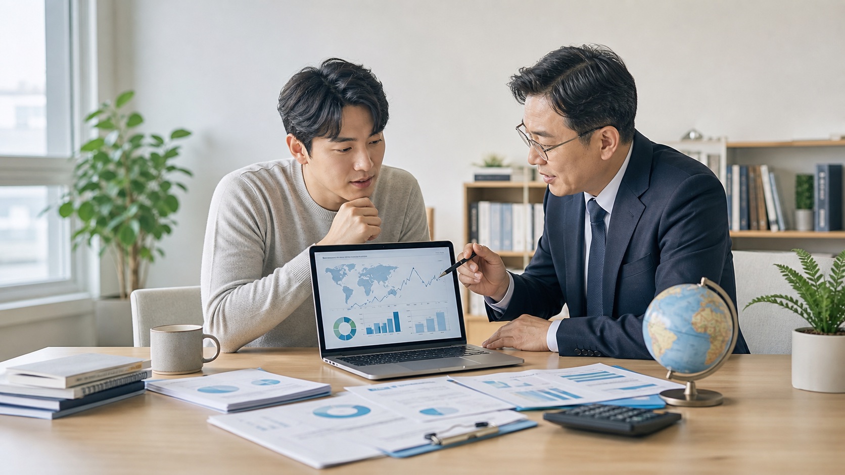 국내 투자자가 세무전문가와 해외지수 ETF 수익 및 세금 자료를 확인하는 모습