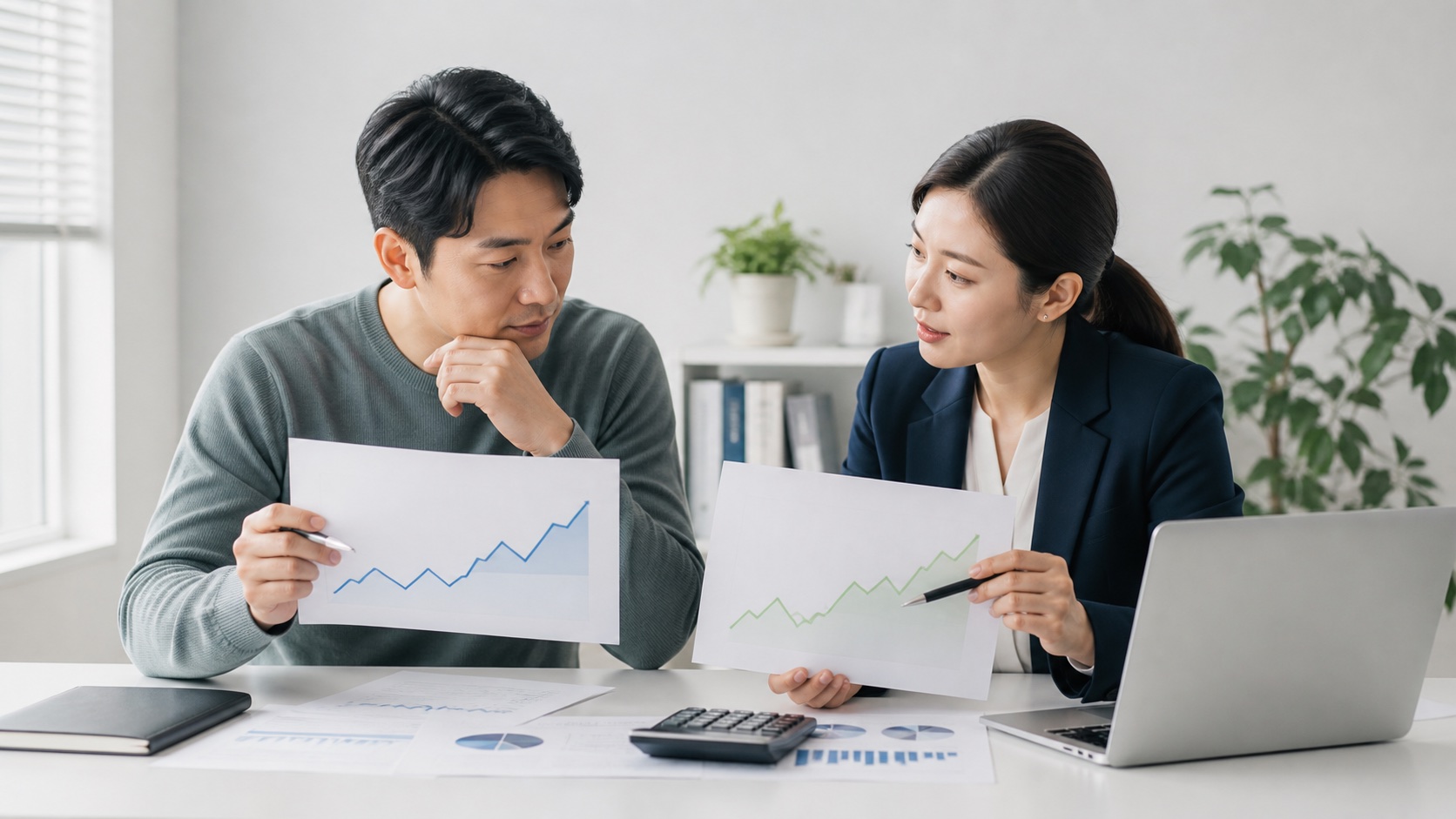 투자자와 세무전문가가 ETF 실제 수익과 과표기준가격 상승분을 계산기로 비교하는 모습