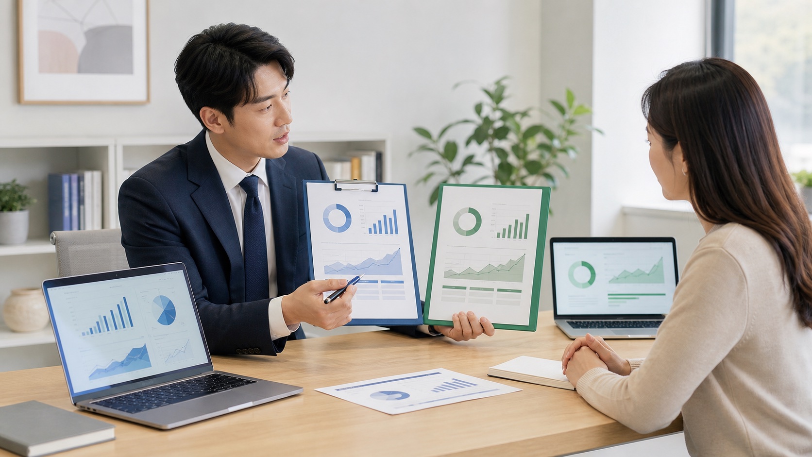 투자자와 자산관리 전문가가 국내상장 해외 ETF 계좌와 해외거래소 ETF 계좌 자료를 구분해 비교하는 모습