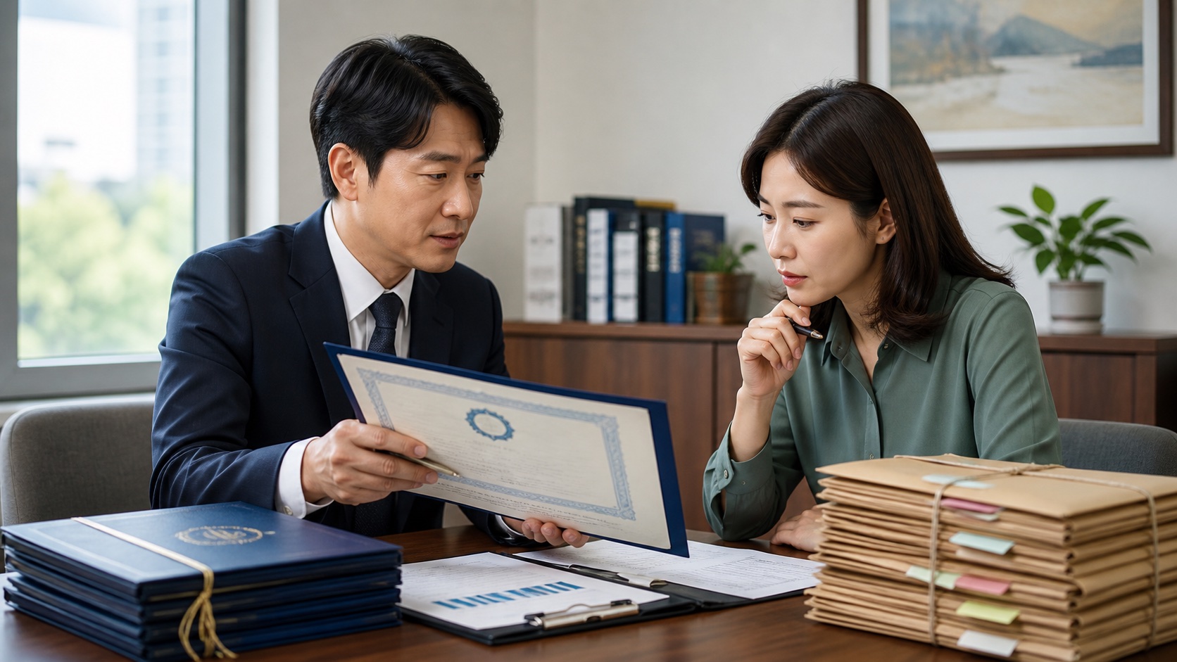 투자자와 세무전문가가 주식 보유자료와 가족 계좌 자료로 대주주 기준을 검토하는 모습