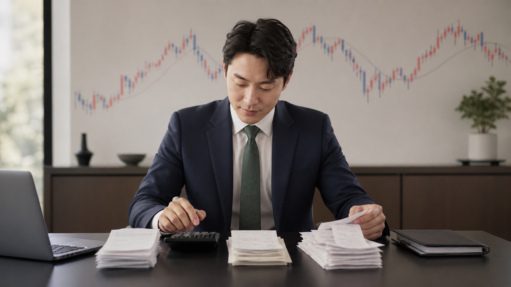 세무전문가가 주식 매도대금과 취득원가 및 수수료 자료를 계산하는 모습