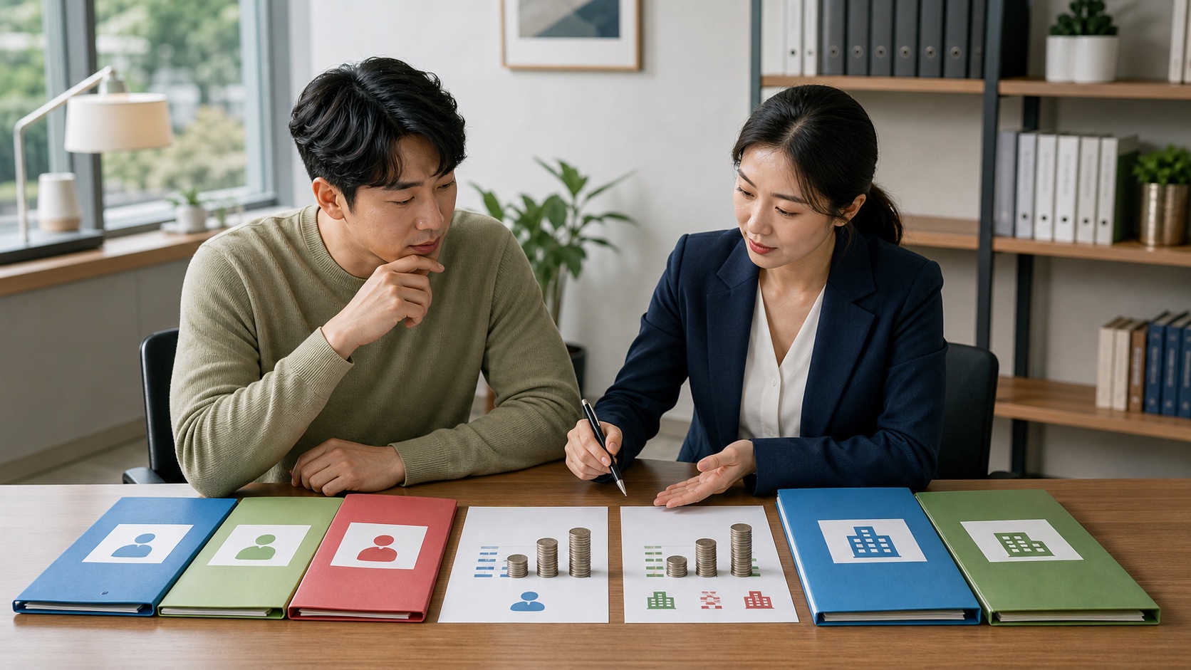 투자자와 세무전문가가 주주 및 기업 유형별 주식 양도세 자료를 비교하는 모습