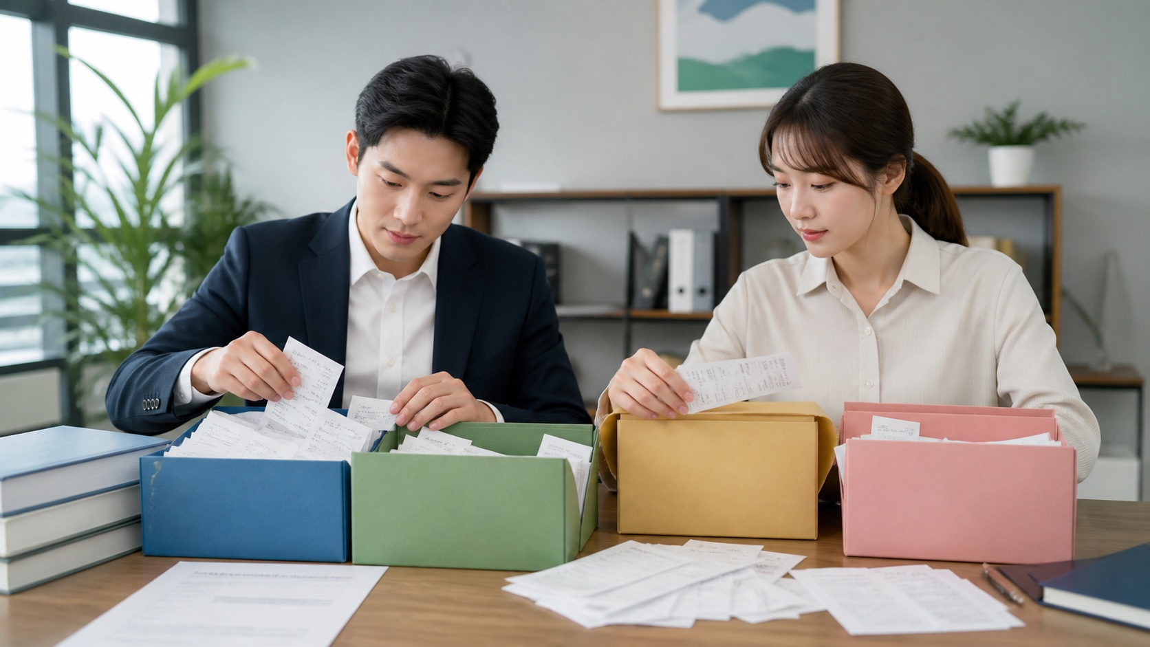 세무전문가와 근로자가 여러 종류의 기부금영수증을 유형별로 분류하는 모습
