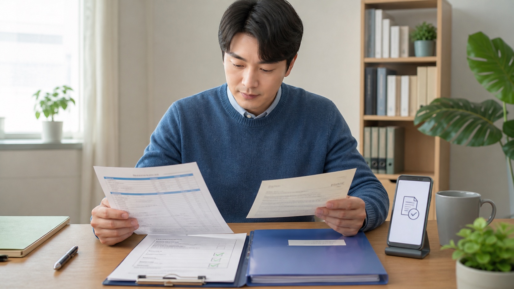 근로자가 기부금영수증과 계좌이체 내역 및 연말정산 자료를 대조하는 모습