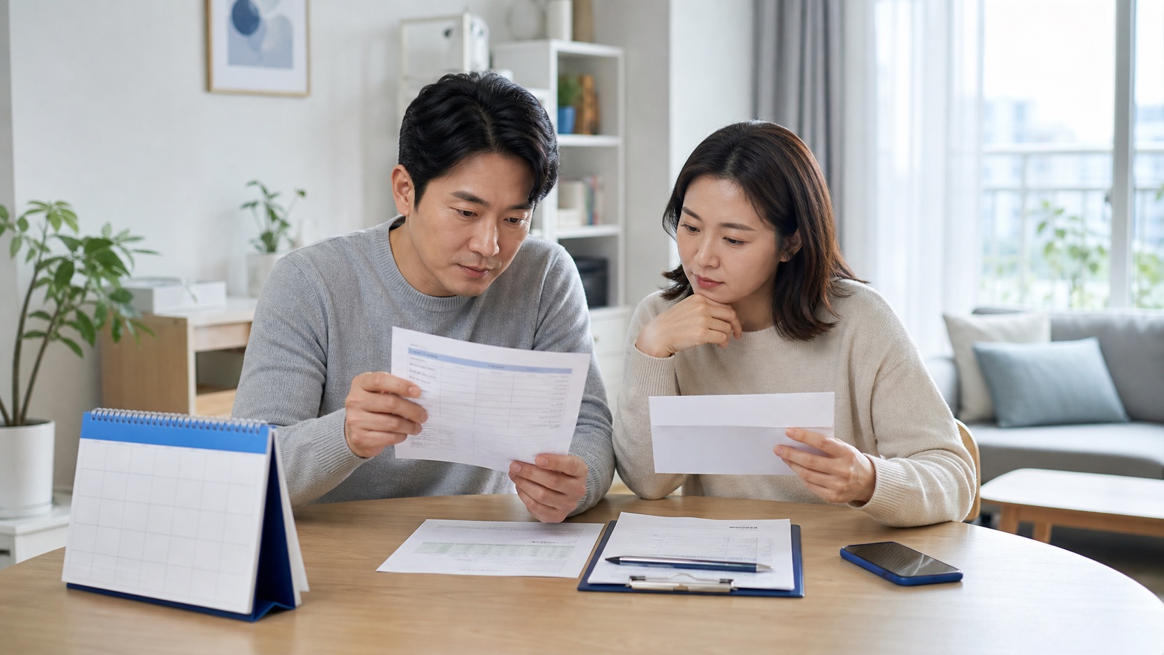 근로자가 급여명세서와 달력을 놓고 2026년 근로장려금 반기신청 일정을 확인하는 모습