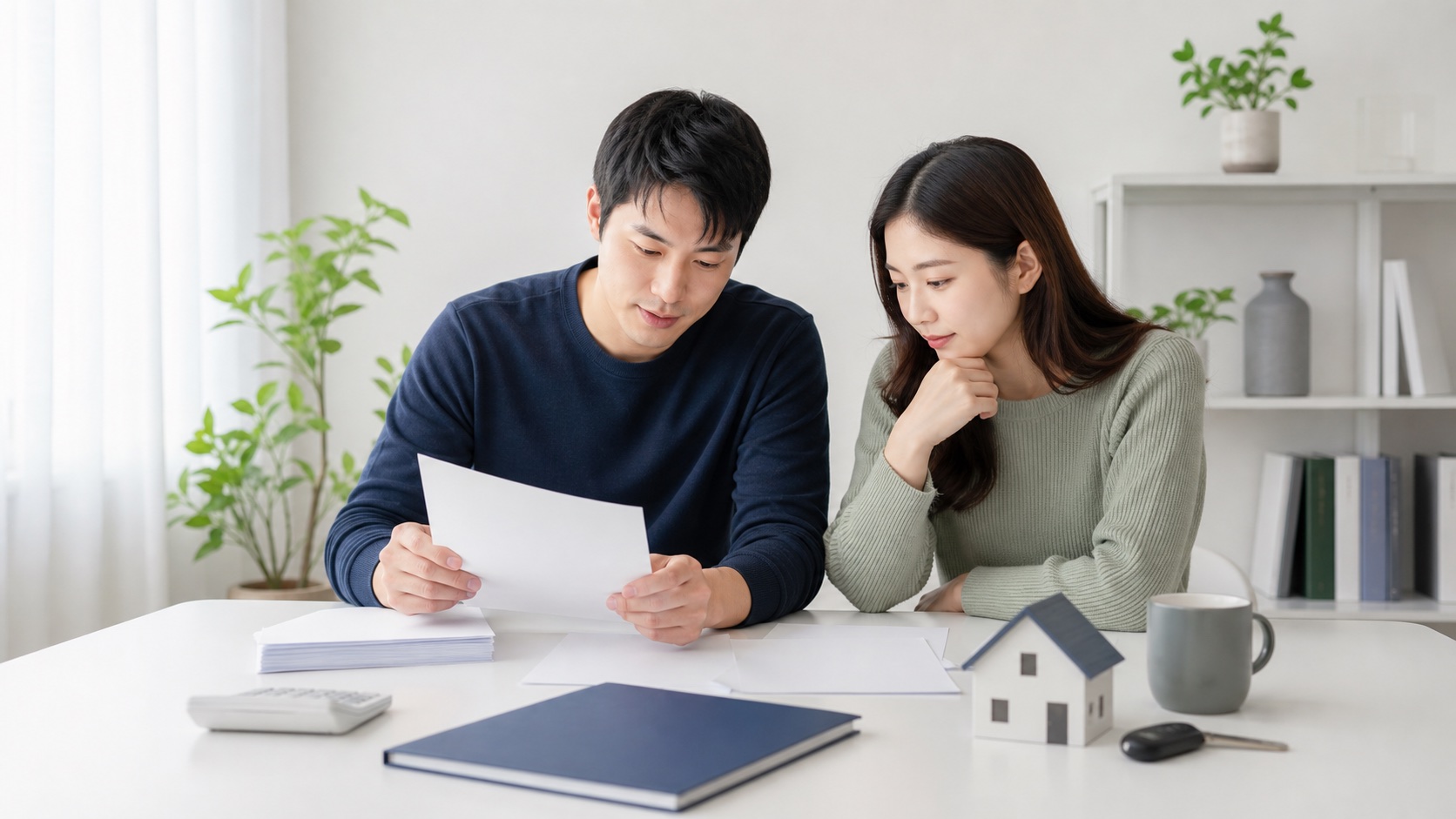 근로자 부부가 급여명세서와 예금 및 주택 자료를 나눠 놓고 소득·재산 기준을 확인하는 모습
