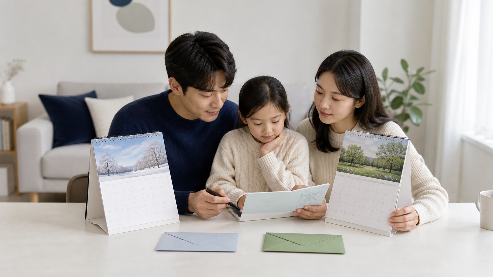 가족이 12월 지급과 다음 해 6월 정산이 표시된 일정표와 통장 내역을 확인하는 모습
