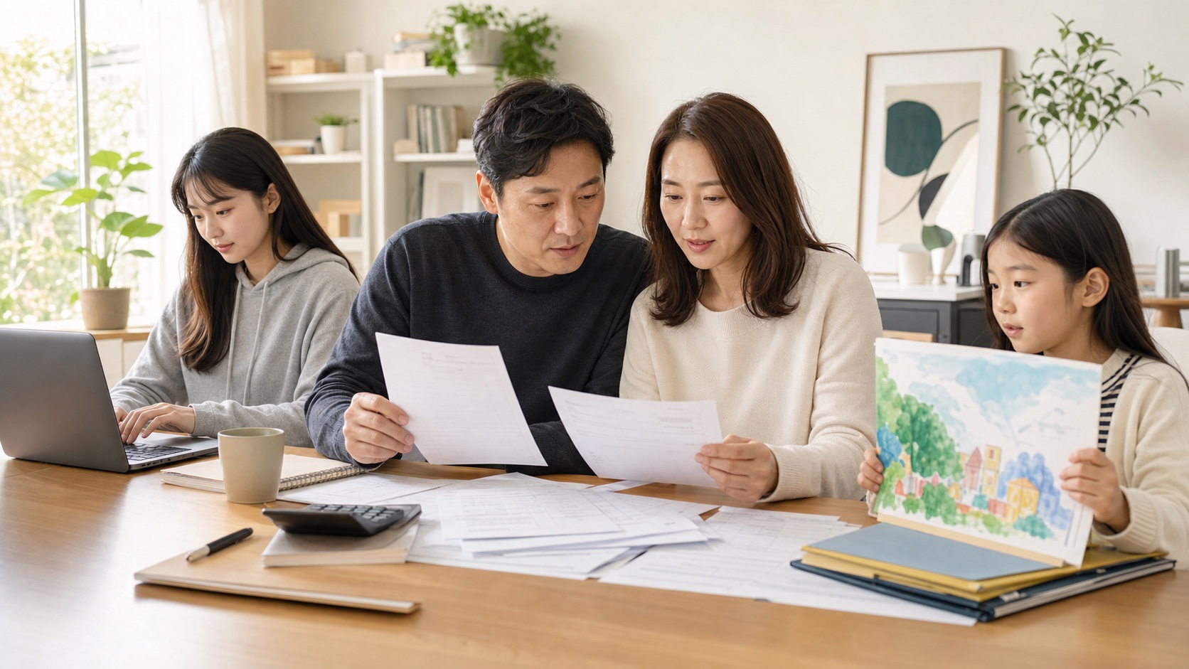맞벌이 부부가 자녀의 학교 등록금과 학원비 영수증을 연말정산 자료와 함께 확인하는 모습