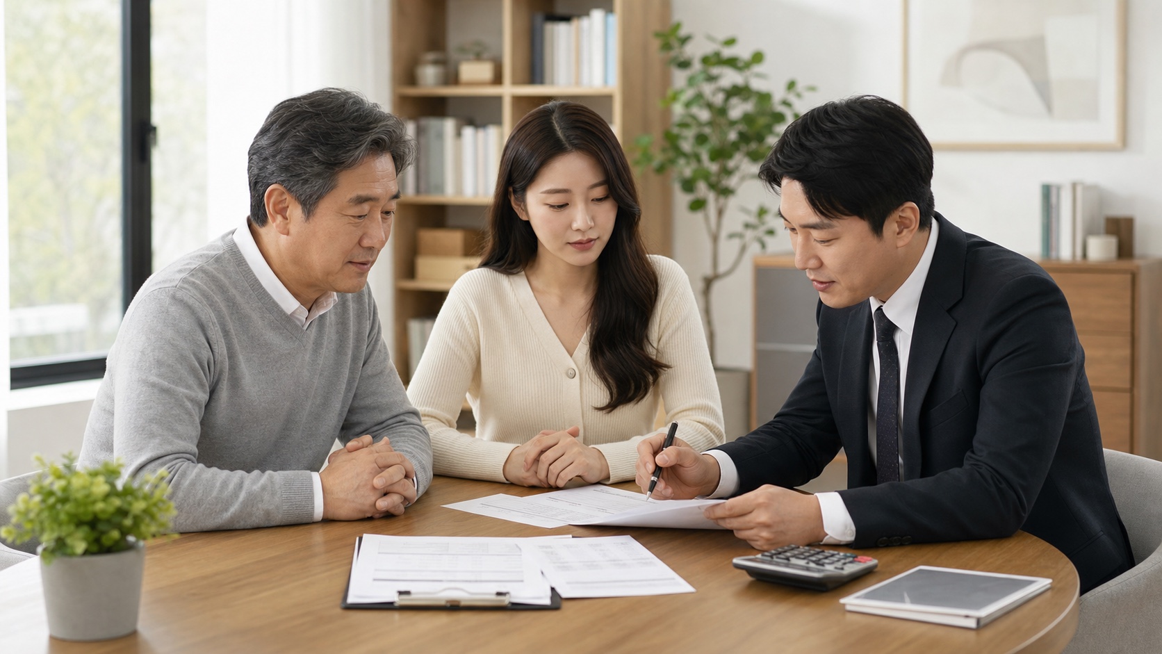 부모와 성인 자녀가 가족 간 차용계약서와 계좌이체 내역을 세무 전문가와 확인하는 모습
