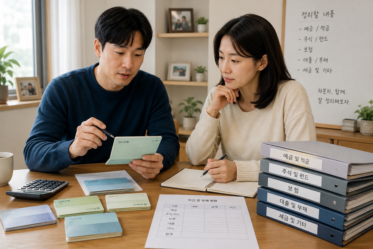 성인 자녀들이 부모의 예금과 투자·대출 자료를 정리하며 상속공제를 상담하는 모습