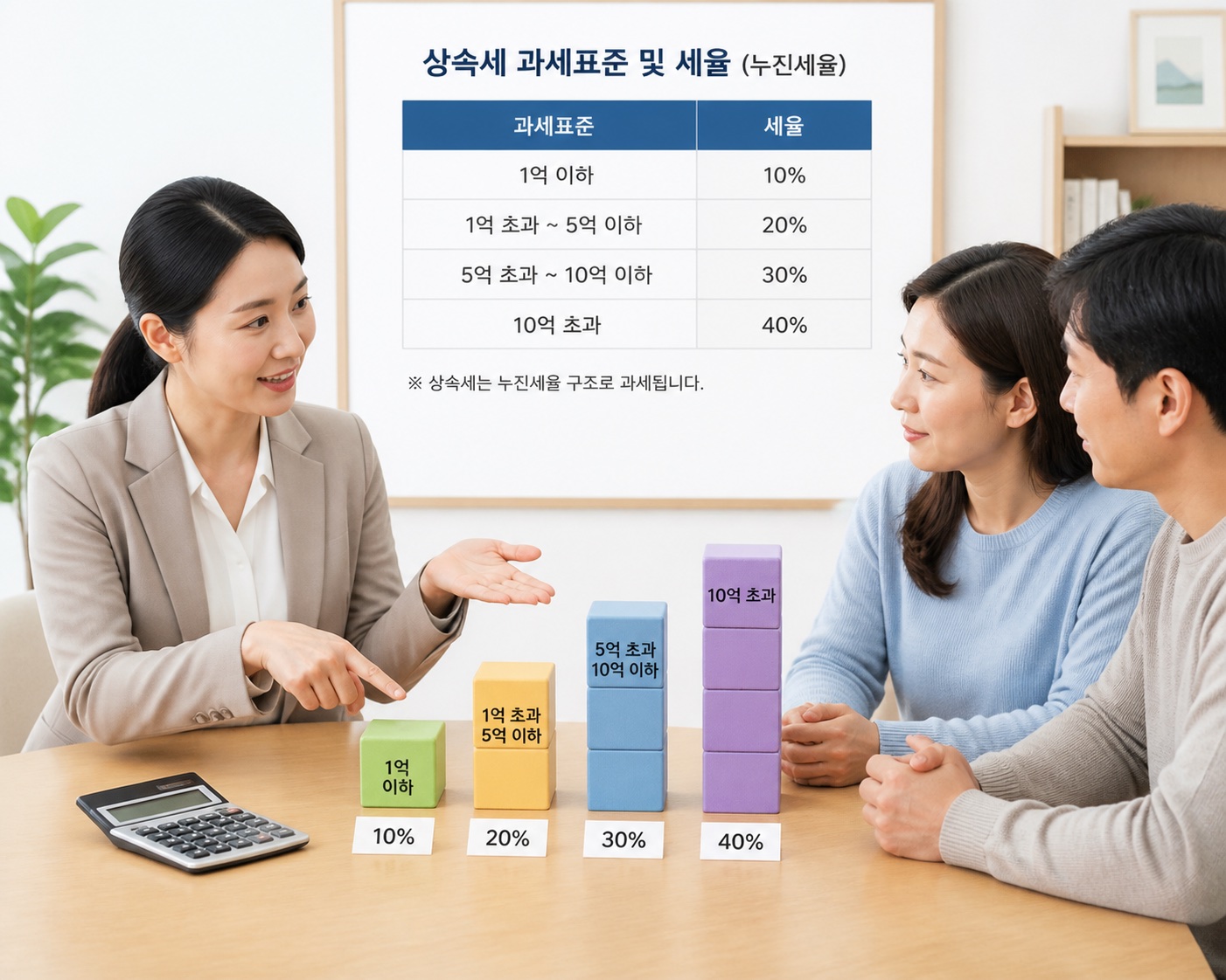 상담자가 네 단계의 도형과 계산기로 공제 구간을 설명하는 모습