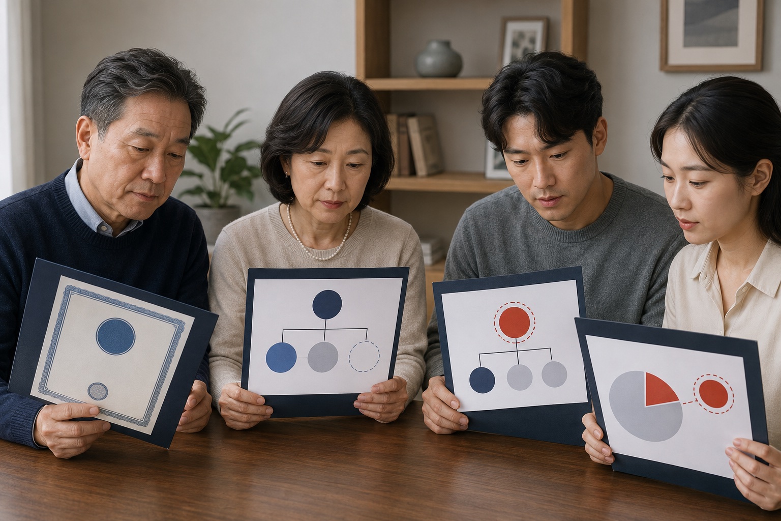 가족이 주식 관련 서류와 소유관계 자료를 별도 폴더로 구분하는 모습