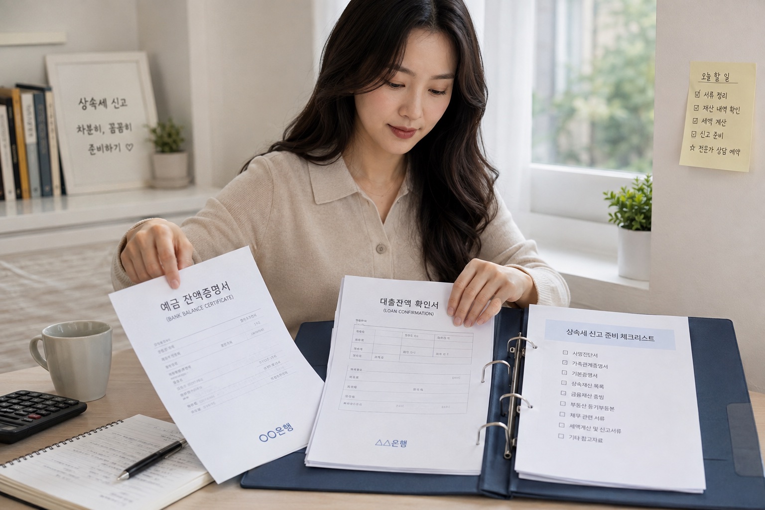 상속인이 은행 잔액증명과 대출확인서를 모아 신고 서류철을 만드는 모습