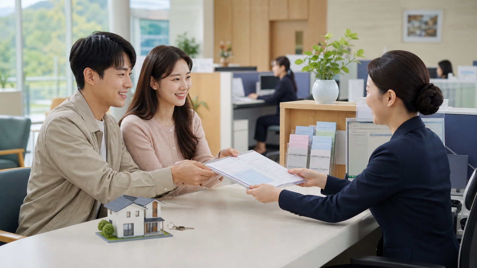 주택 구매자가 구청 세무창구에 취득세 감면 신청서와 가족관계증명서를 제출하는 모습